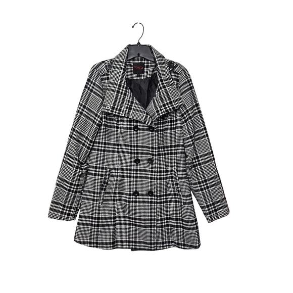 Yoki Plaid Womens Pea Coat Black White Double Breasted Wool Blend Size Large - Picture 1 of 9